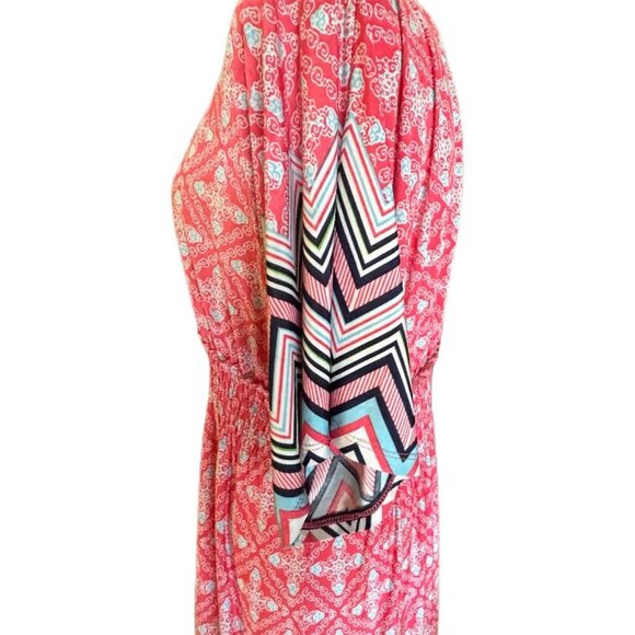 Relaxx Boho Geometric Pink Blue Maxi Dress Chevron Hem  Kimono Sleeves 2XL - Picture 3 of 9